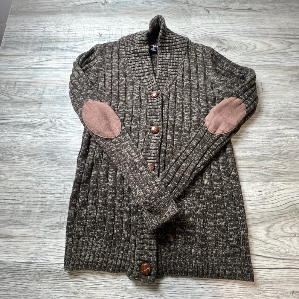 Confess Cardigan Sweater women Medium Brown Marle Ribbed Elbow Patch Shawl AC100